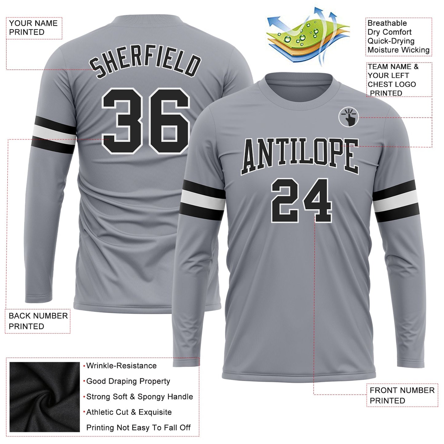 Custom Gray Black-White Long Sleeve Performance T-Shirt view 3