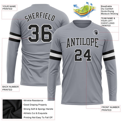 Custom Gray Black-White Long Sleeve Performance T-Shirt view 3