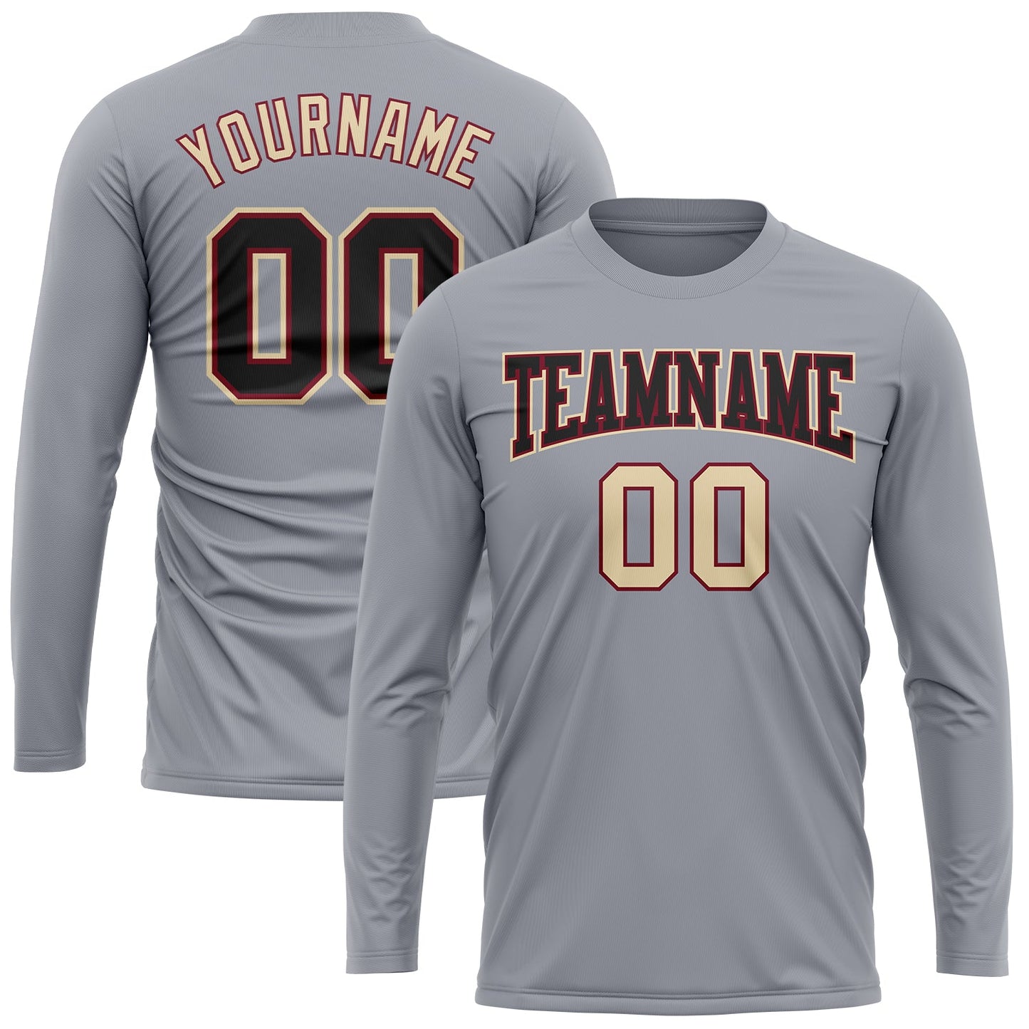Custom Gray Black Crimson-Cream Long Sleeve Performance T-Shirt view 2