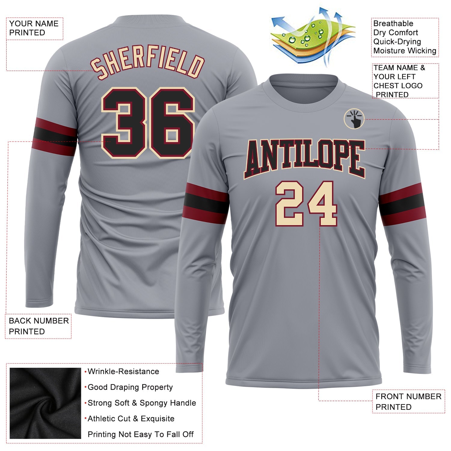 Custom Gray Black Crimson-Cream Long Sleeve Performance T-Shirt view 3