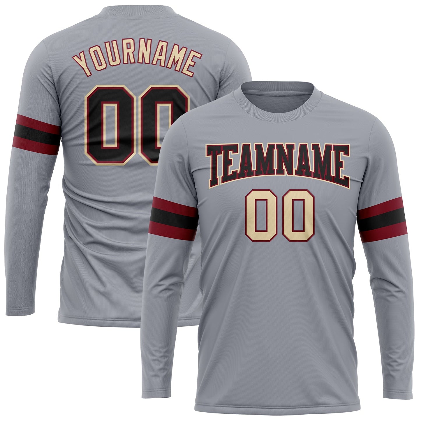 Custom Gray Black Crimson-Cream Long Sleeve Performance T-Shirt - Main View