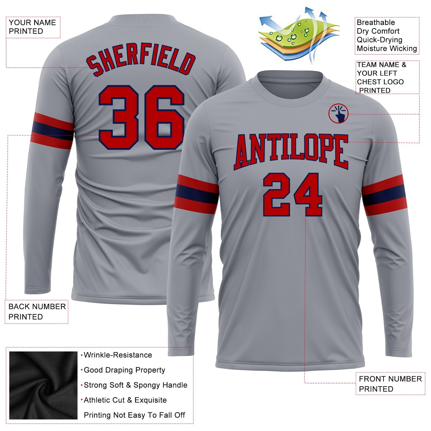 Custom Gray Red-Navy Long Sleeve Performance T-Shirt view 3