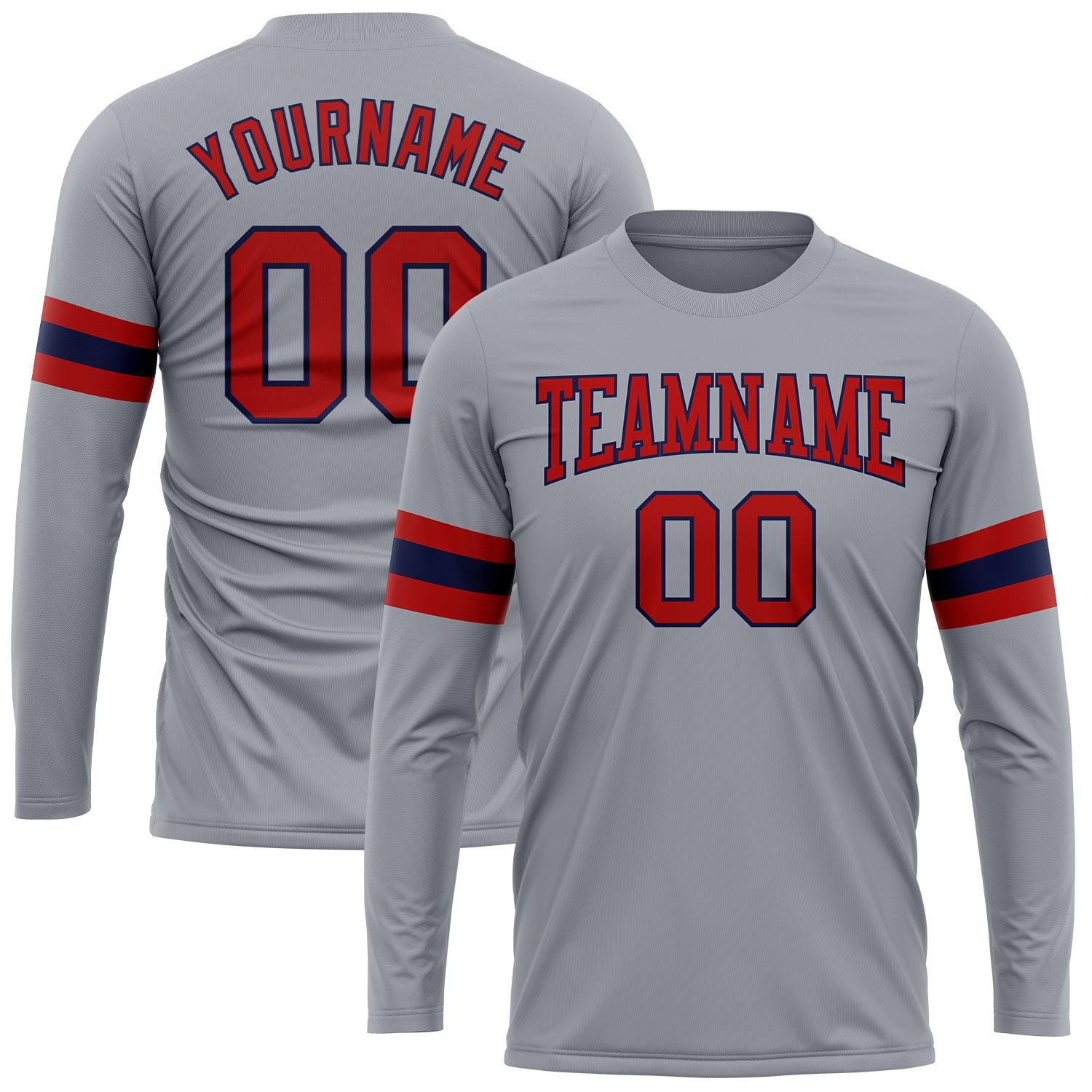 Custom Gray Red-Navy Long Sleeve Performance T-Shirt - Main View