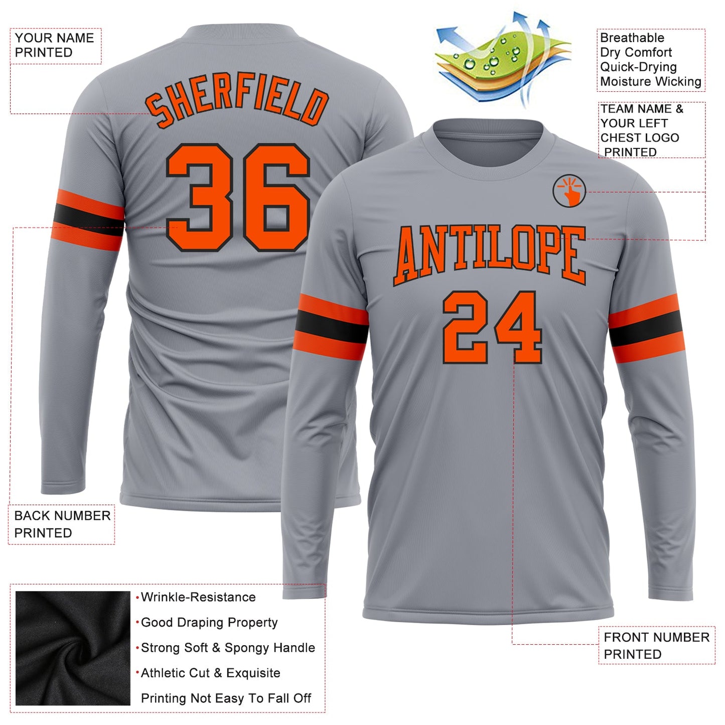 Custom Gray Orange-Black Long Sleeve Performance T-Shirt view 3