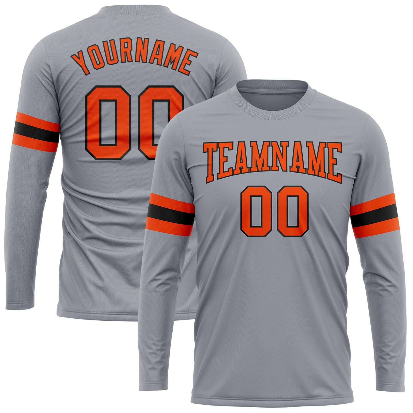 Custom Gray Orange-Black Long Sleeve Performance T-Shirt - Main View