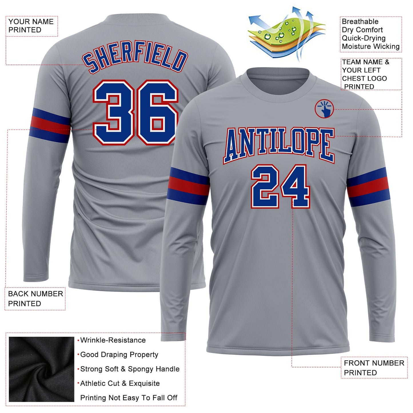 Custom Gray Royal-Red Long Sleeve Performance T-Shirt view 3