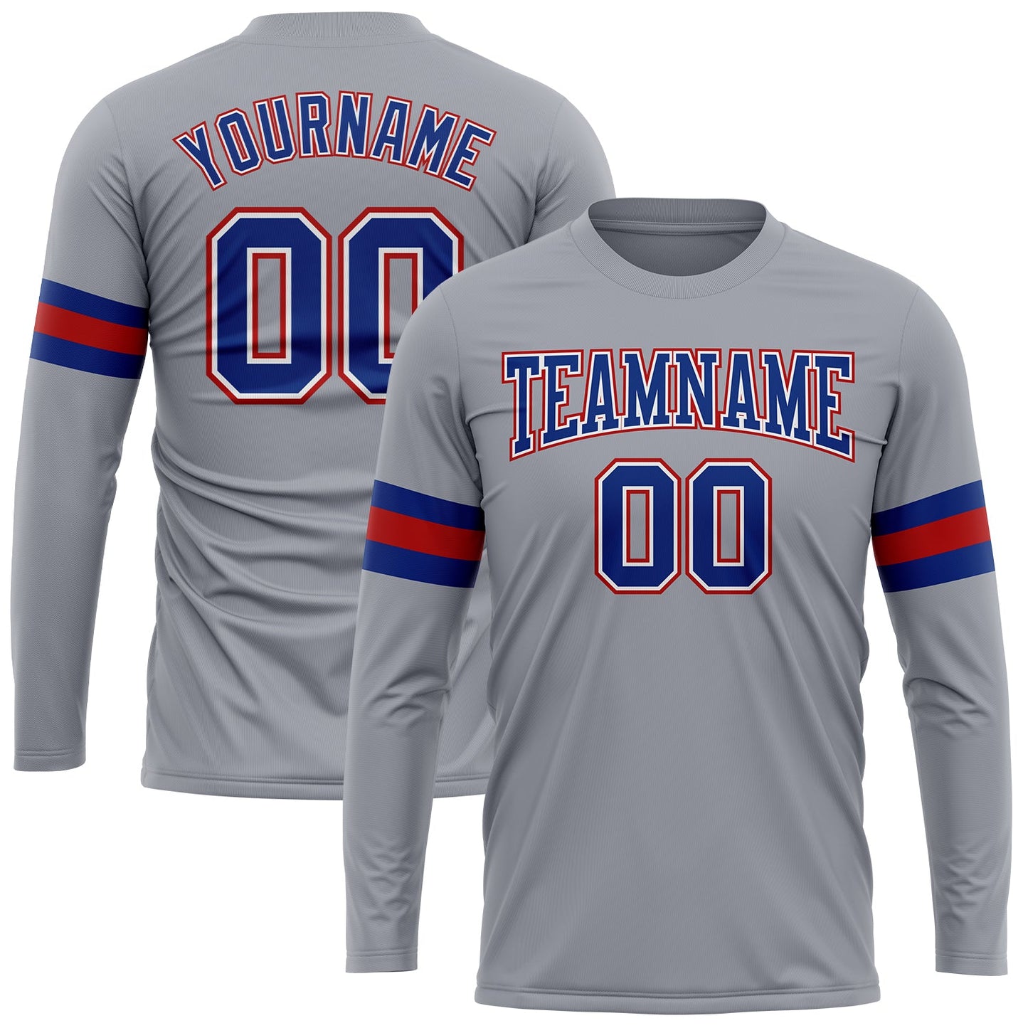 Custom Gray Royal-Red Long Sleeve Performance T-Shirt - Main View