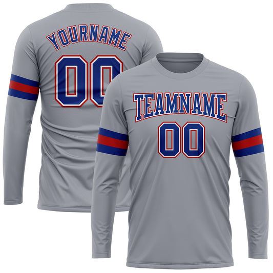 Custom Gray Royal-Red Long Sleeve Performance T-Shirt - Main View
