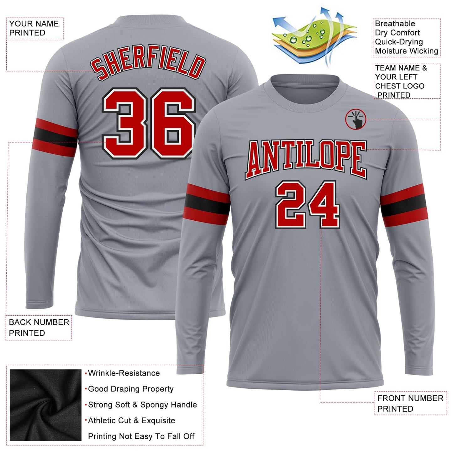 Custom Gray Red-Black Long Sleeve Performance T-Shirt view 3