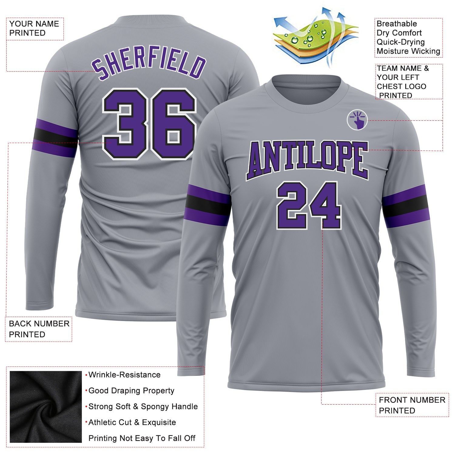 Custom Gray Purple-Black Long Sleeve Performance T-Shirt view 3
