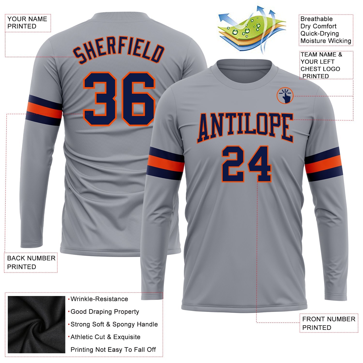 Custom Gray Navy-Orange Long Sleeve Performance T-Shirt view 3