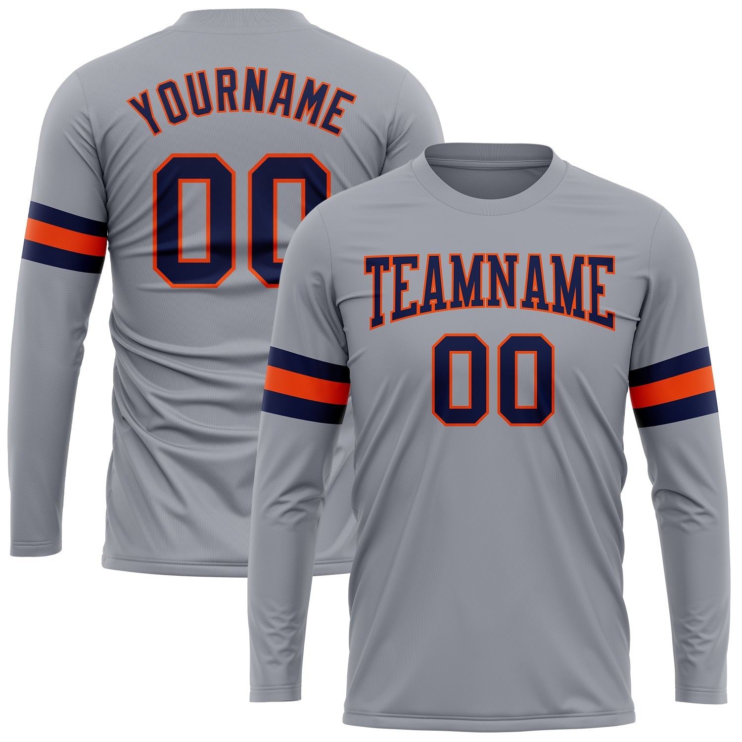 Custom Gray Navy-Orange Long Sleeve Performance T-Shirt - Main View