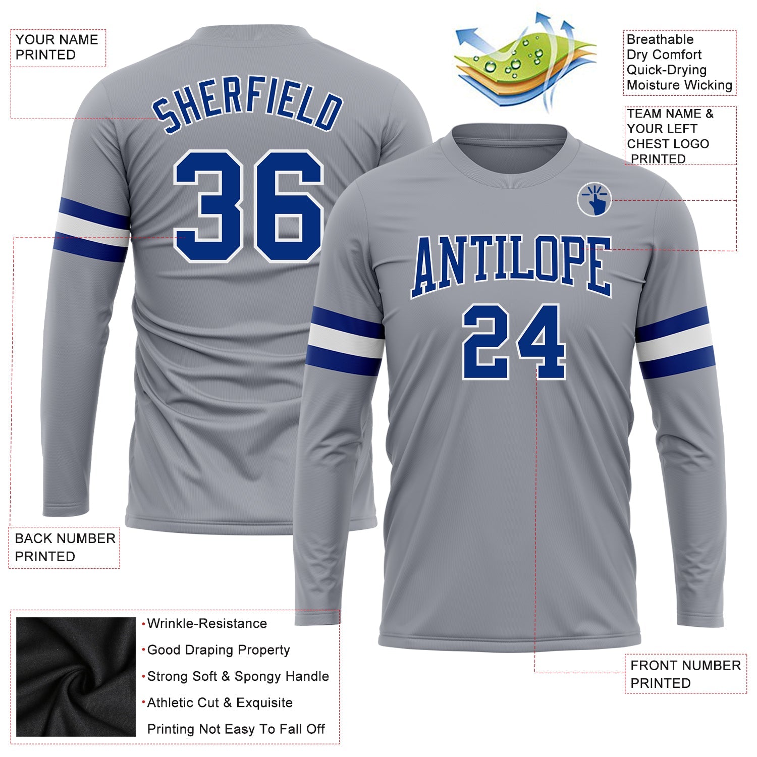 Custom Gray Royal-White Long Sleeve Performance T-Shirt view 3