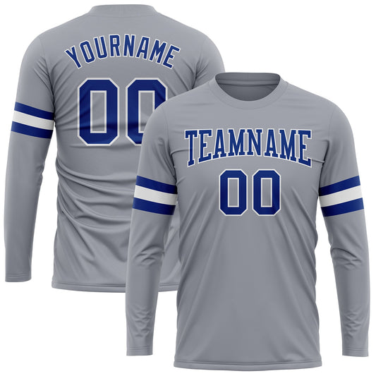 Custom Gray Royal-White Long Sleeve Performance T-Shirt - Main View
