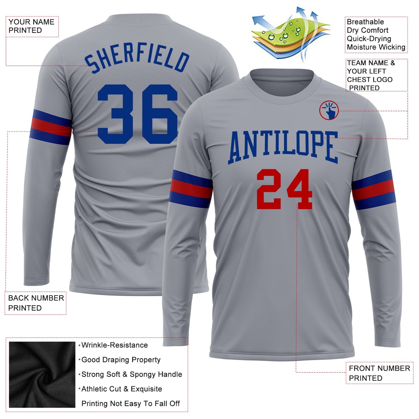 Custom Gray Royal-Red Long Sleeve Performance T-Shirt view 3
