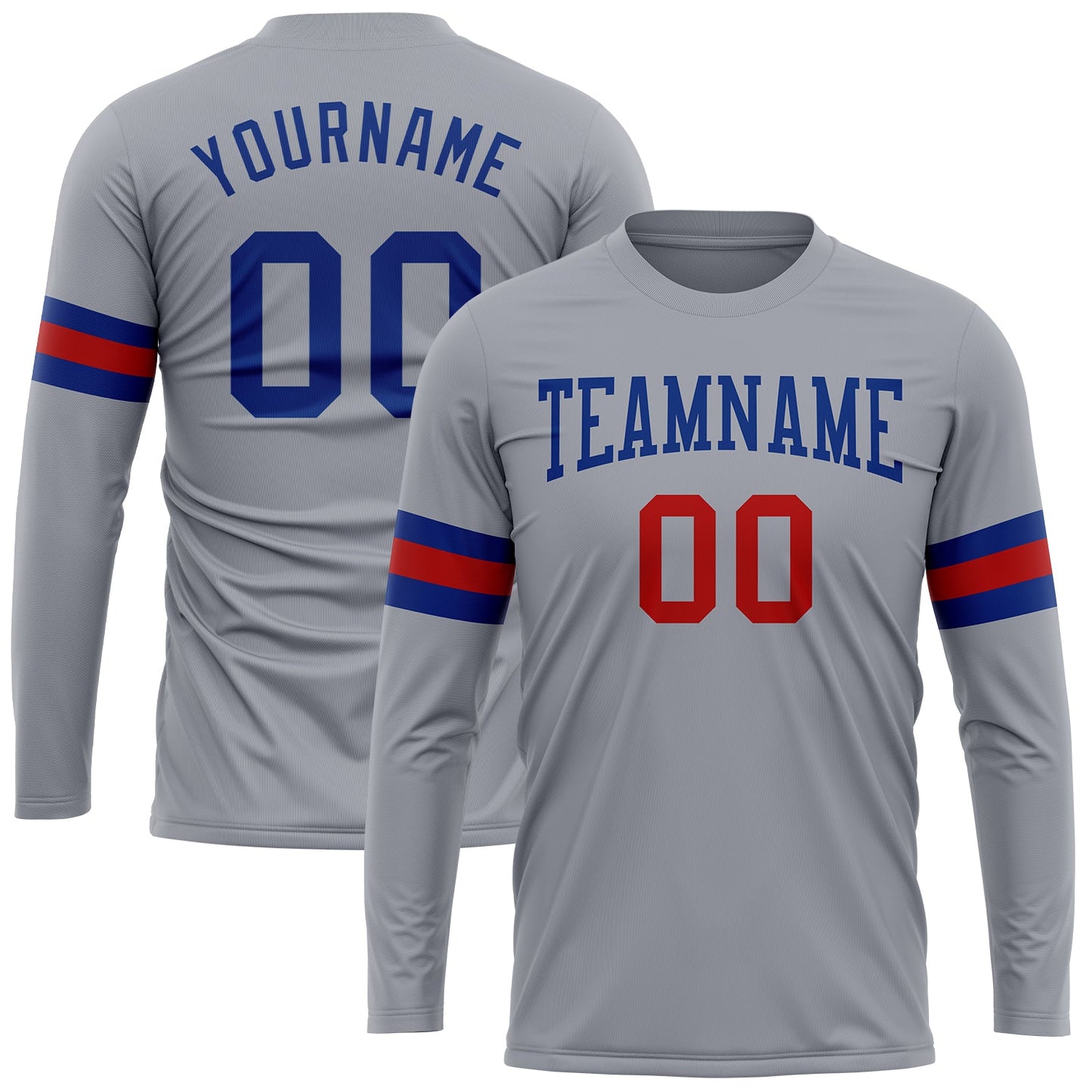 Custom Gray Royal-Red Long Sleeve Performance T-Shirt - Main View