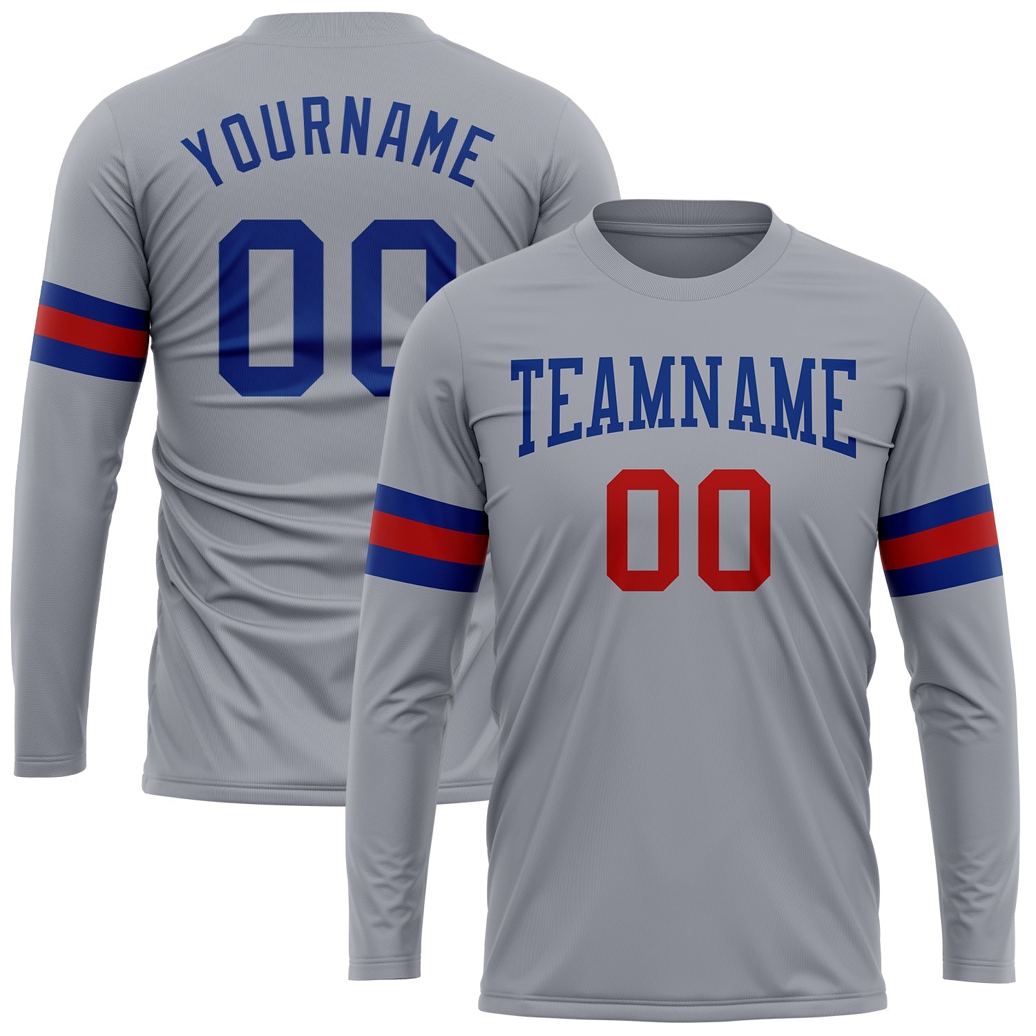 Custom Gray Royal-Red Long Sleeve Performance T-Shirt - Main View