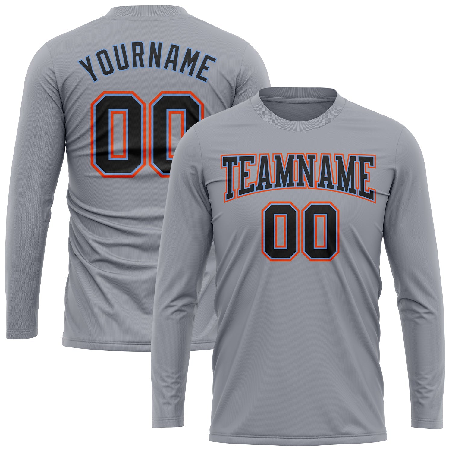 Custom Gray Black Powder Blue-Orange Long Sleeve Performance T-Shirt view 2