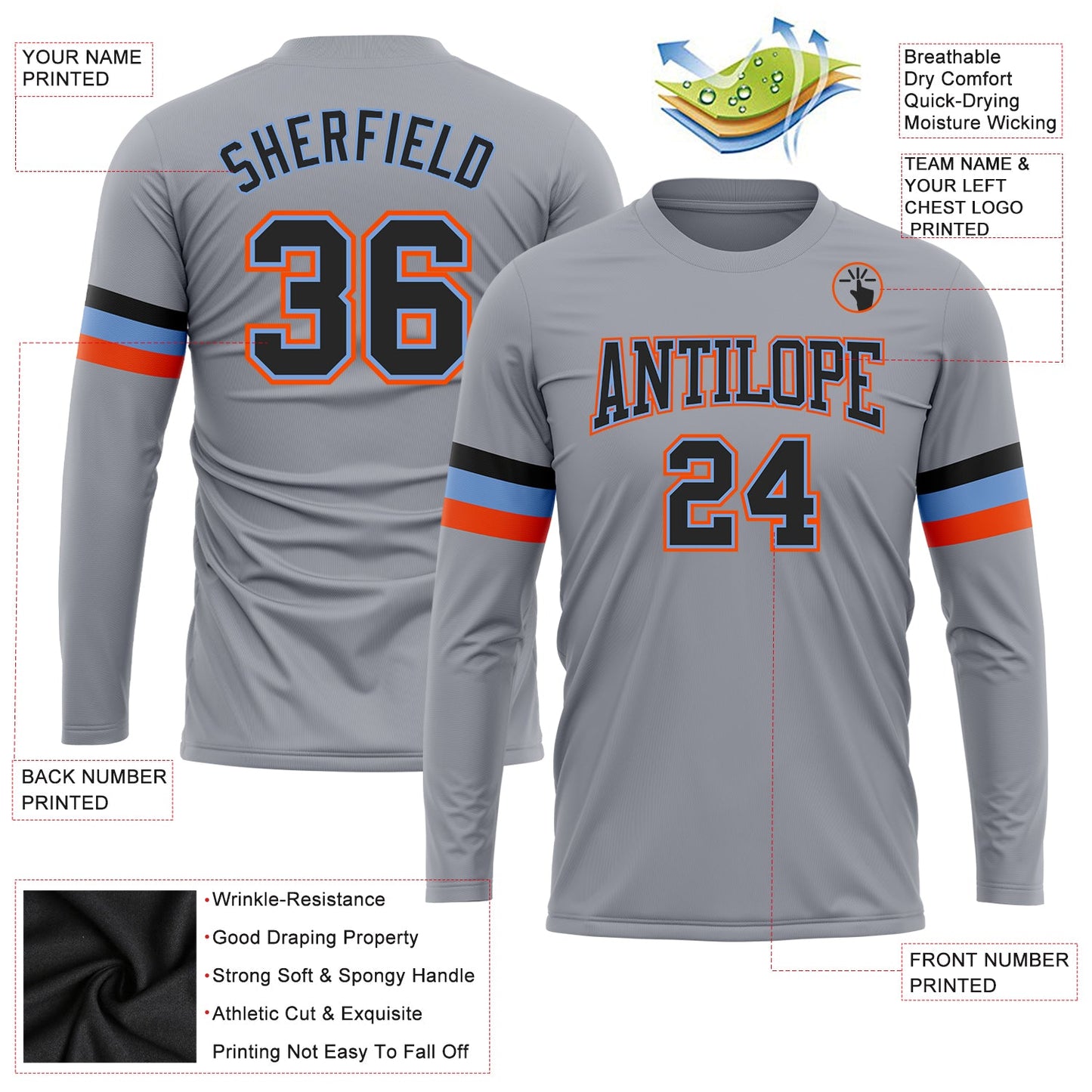 Custom Gray Black Powder Blue-Orange Long Sleeve Performance T-Shirt view 3