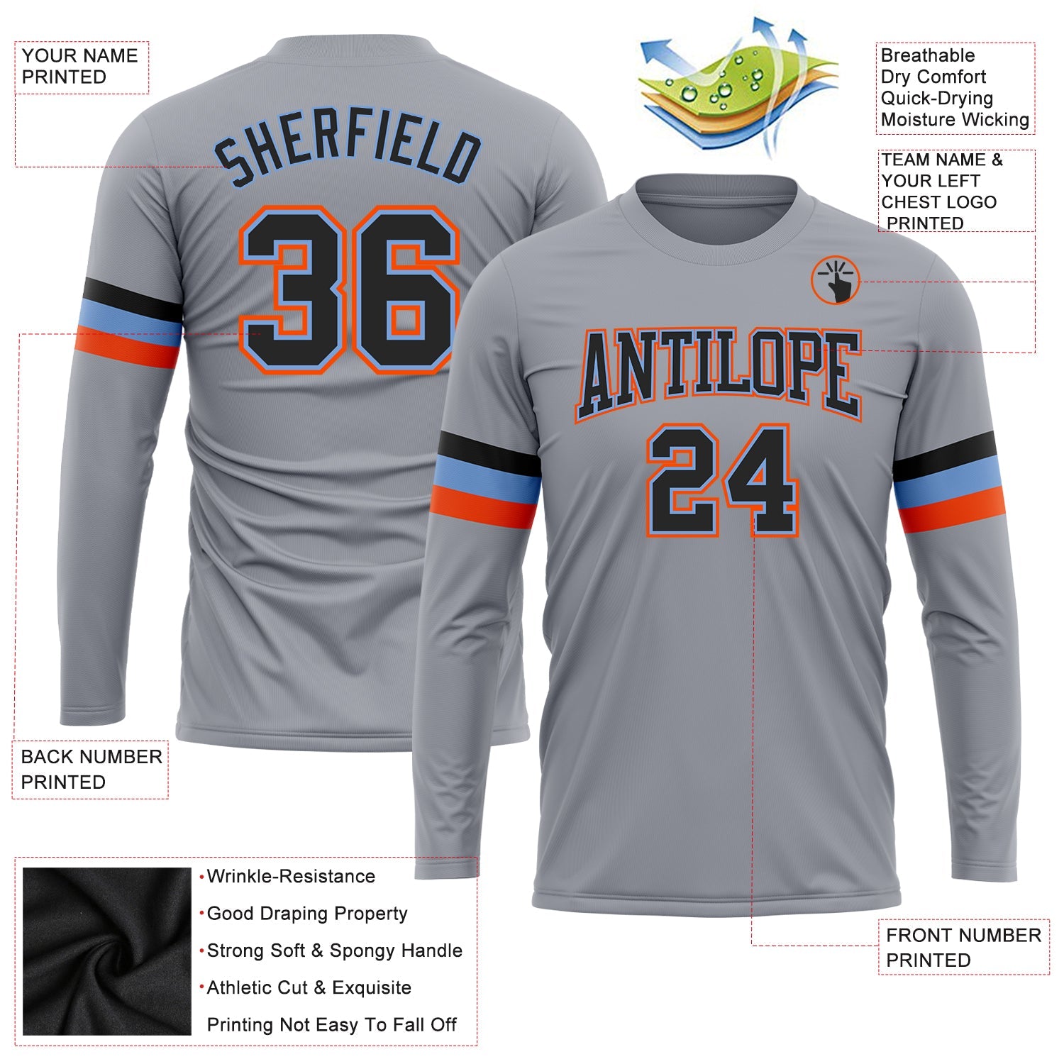 Custom Gray Black Powder Blue-Orange Long Sleeve Performance T-Shirt view 3