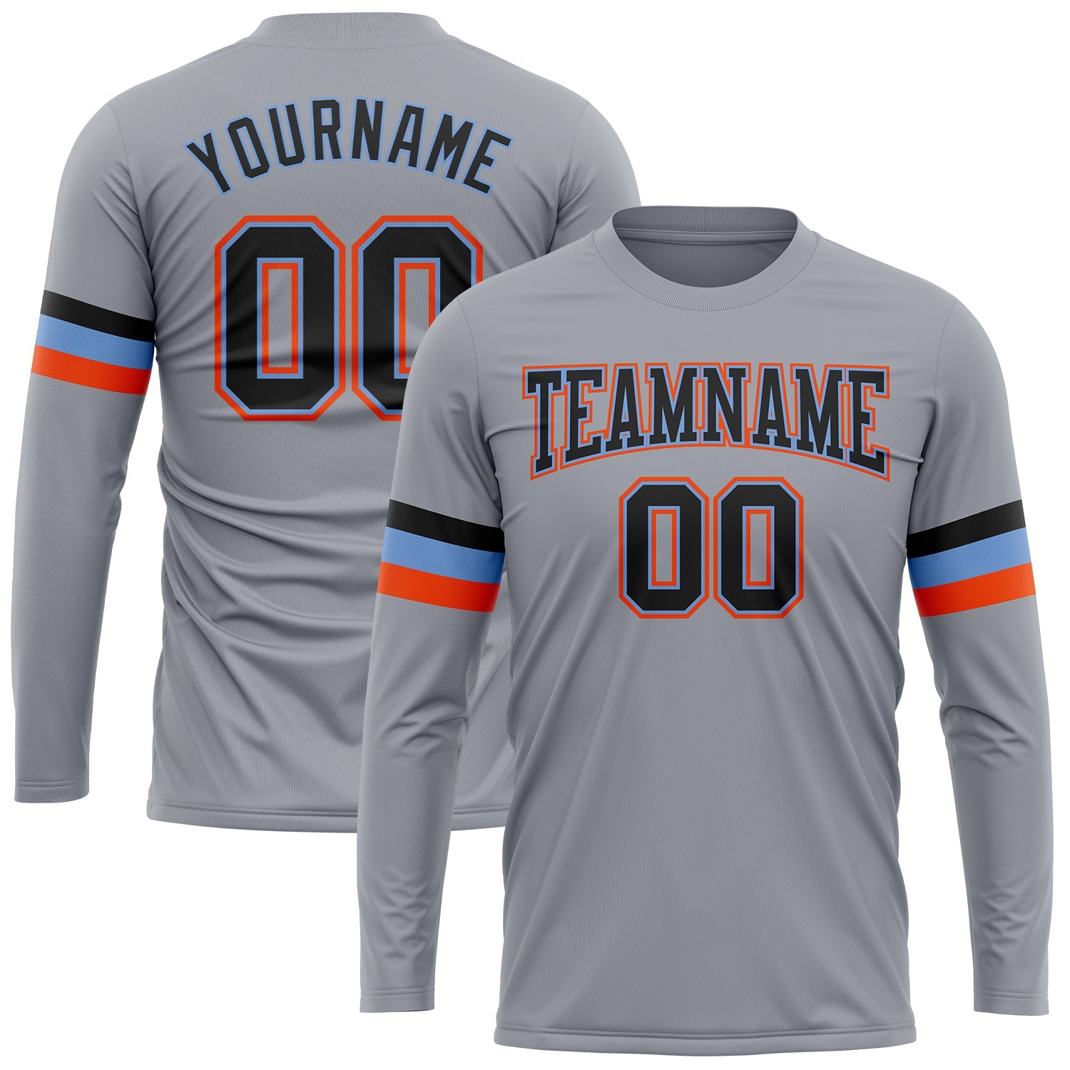 Custom Gray Black Powder Blue-Orange Long Sleeve Performance T-Shirt - Main View