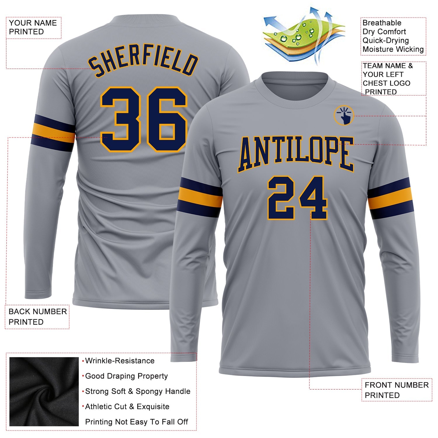Custom Gray Navy-Gold Long Sleeve Performance T-Shirt view 3