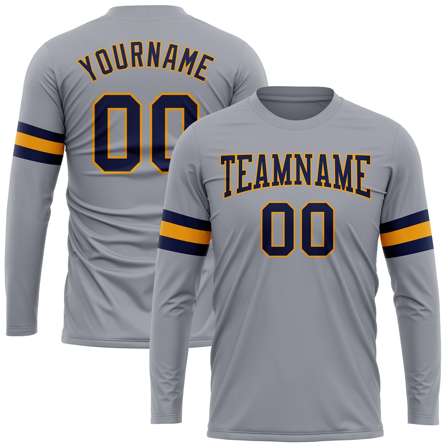 Custom Gray Navy-Gold Long Sleeve Performance T-Shirt - Main View