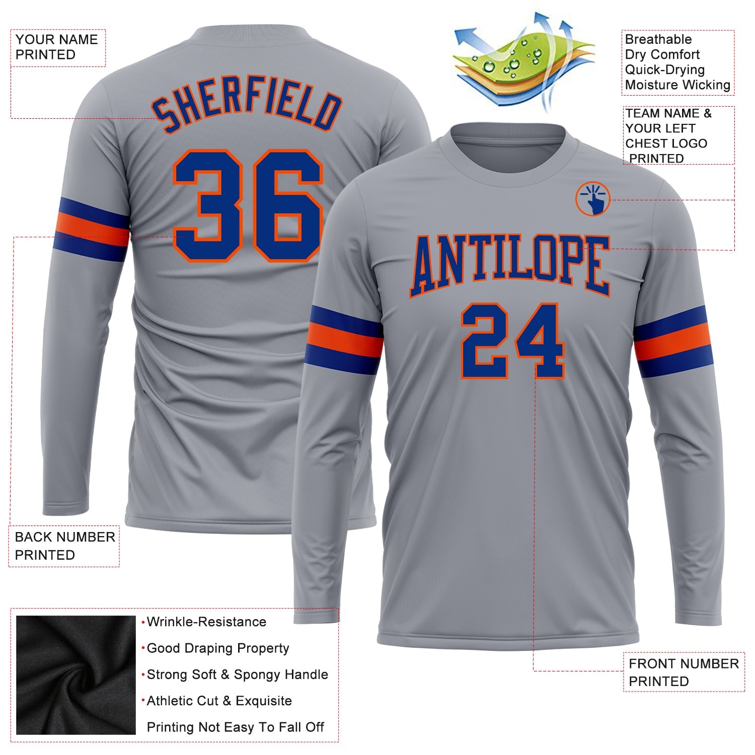 Custom Gray Royal-Orange Long Sleeve Performance T-Shirt view 3