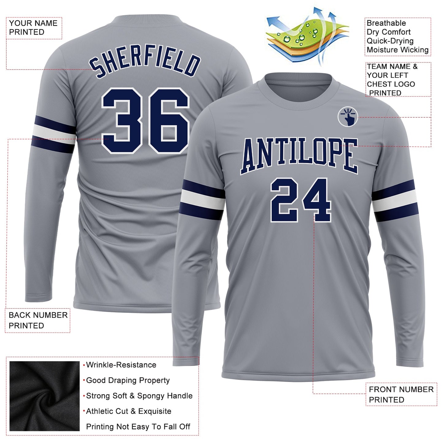 Custom Gray Navy-White Long Sleeve Performance T-Shirt view 3