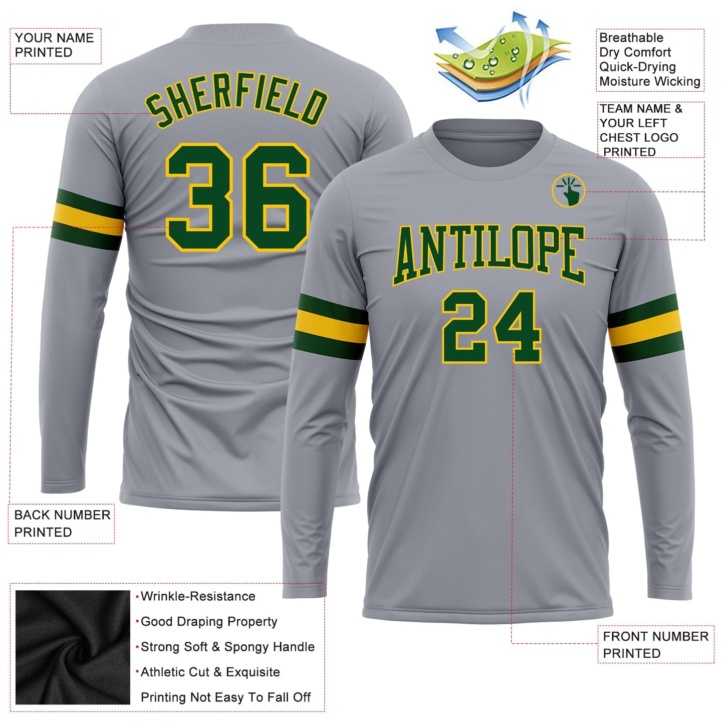 Custom Gray Green-Gold Long Sleeve Performance T-Shirt view 3