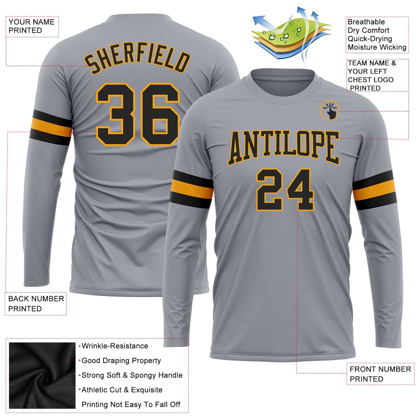 Custom Gray Black-Gold Long Sleeve Performance T-Shirt view 3