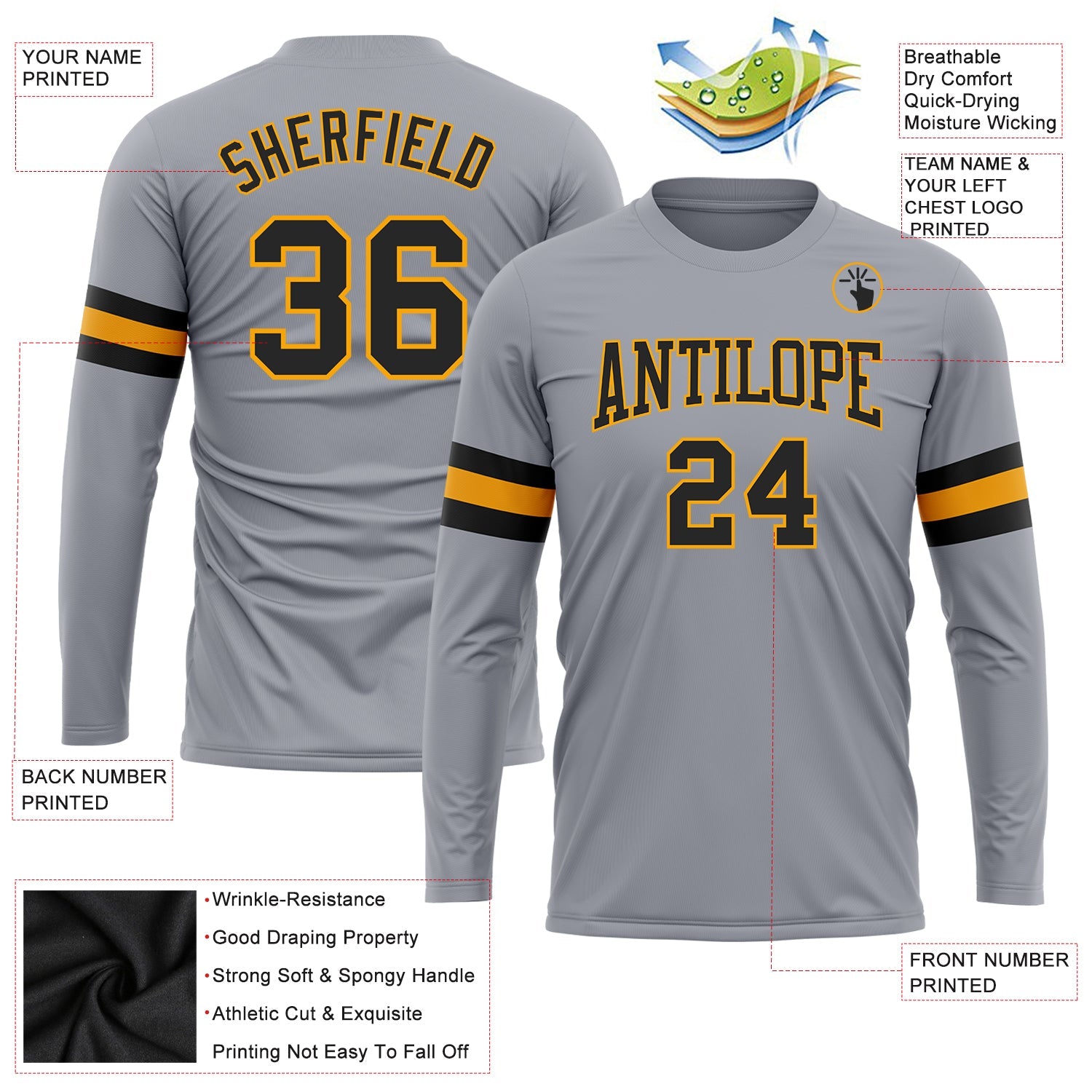 Custom Gray Black-Gold Long Sleeve Performance T-Shirt view 3