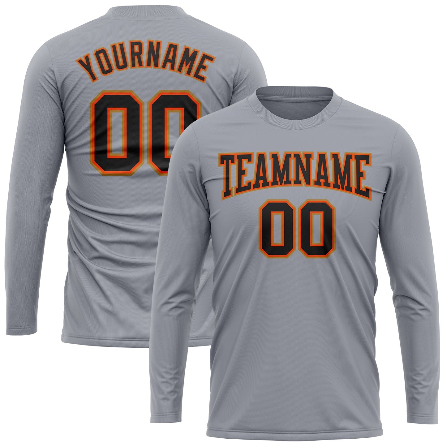Custom Gray Black Orange-Old Gold Long Sleeve Performance T-Shirt view 2
