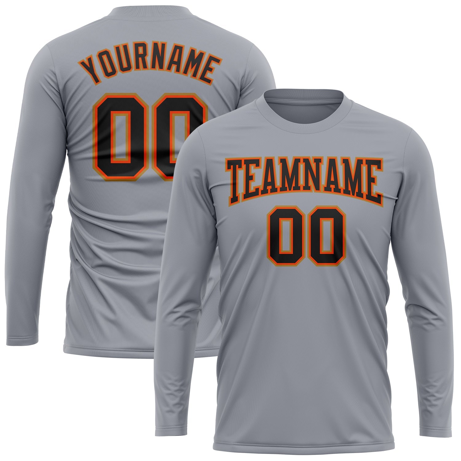 Custom Gray Black Orange-Old Gold Long Sleeve Performance T-Shirt view 2