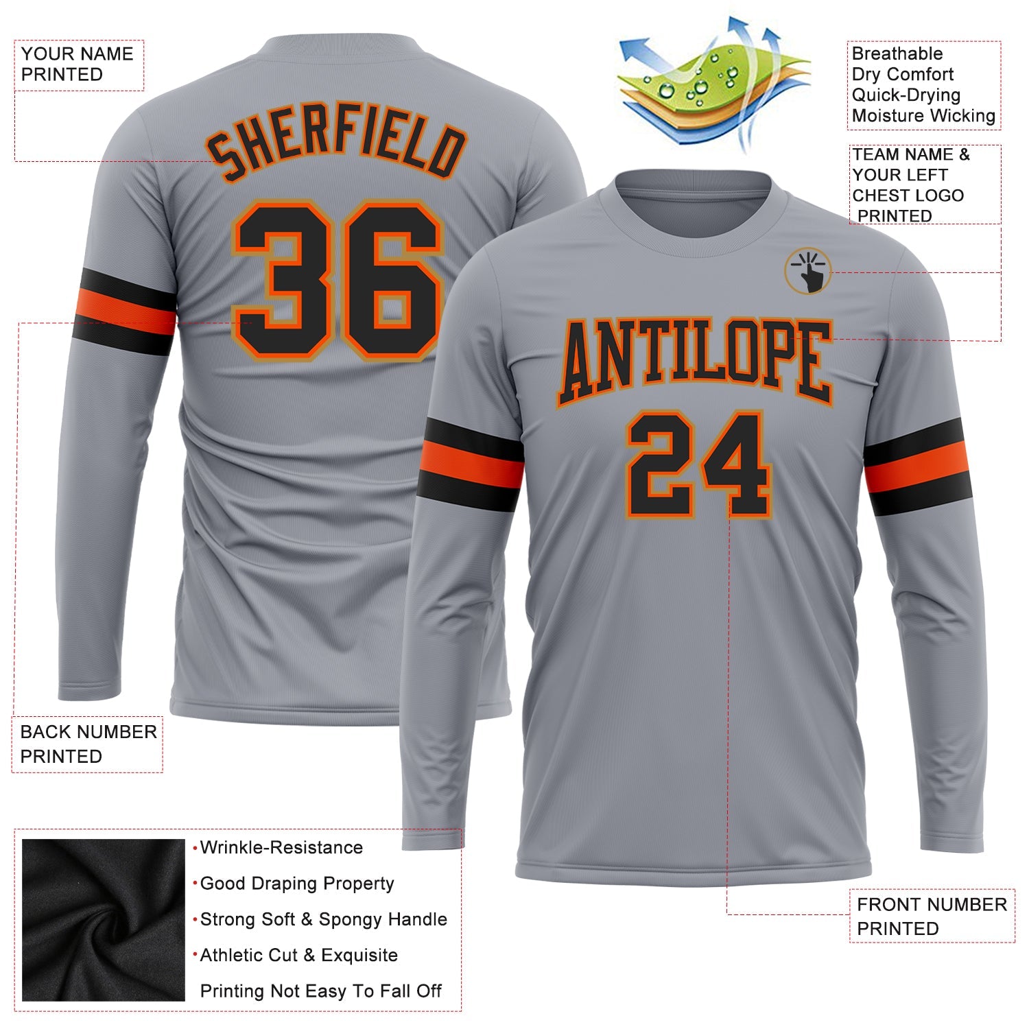 Custom Gray Black Orange-Old Gold Long Sleeve Performance T-Shirt view 3