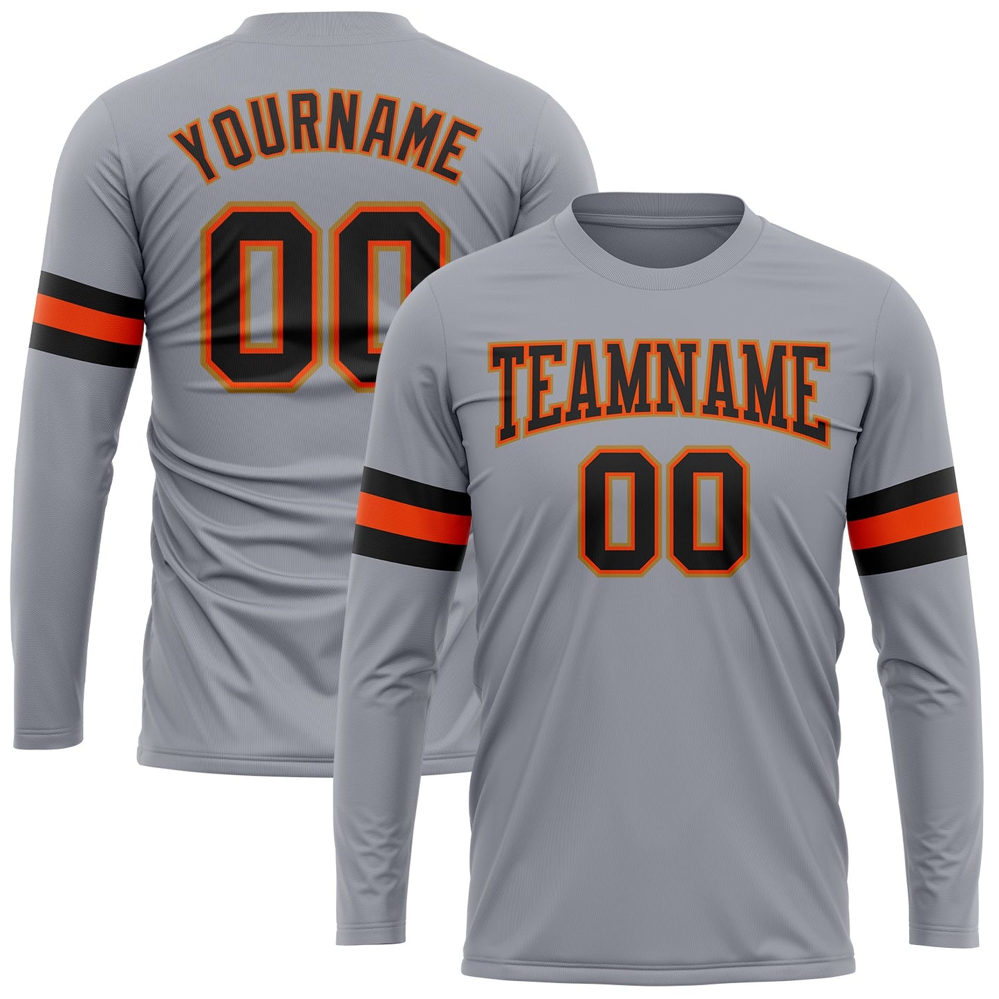 Custom Gray Black Orange-Old Gold Long Sleeve Performance T-Shirt - Main View