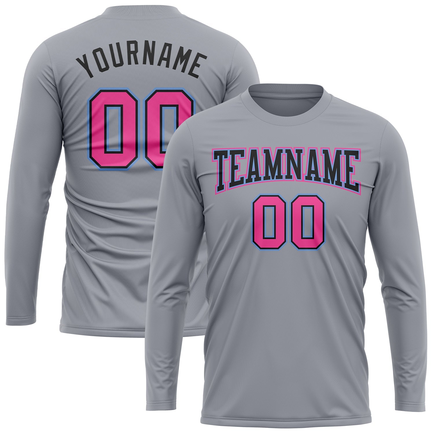 Custom Gray Pink Black-Light Blue Long Sleeve Performance T-Shirt view 2
