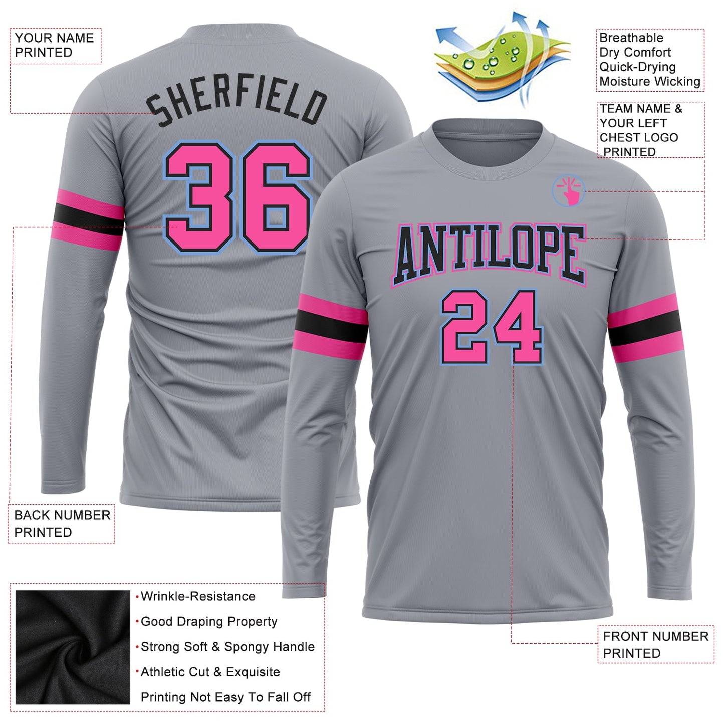 Custom Gray Pink Black-Light Blue Long Sleeve Performance T-Shirt view 3