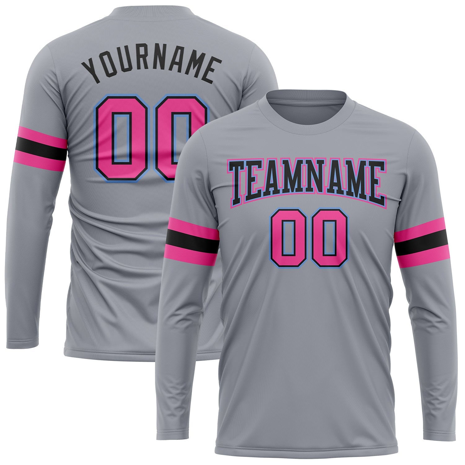 Custom Gray Pink Black-Light Blue Long Sleeve Performance T-Shirt - Main View