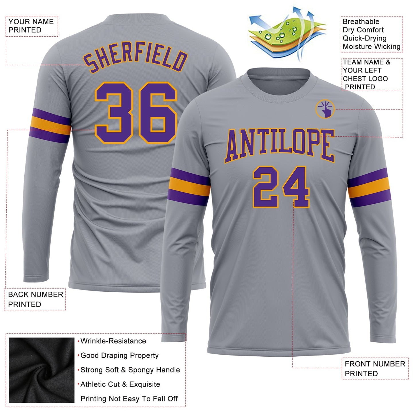 Custom Gray Purple-Gold Long Sleeve Performance T-Shirt view 3