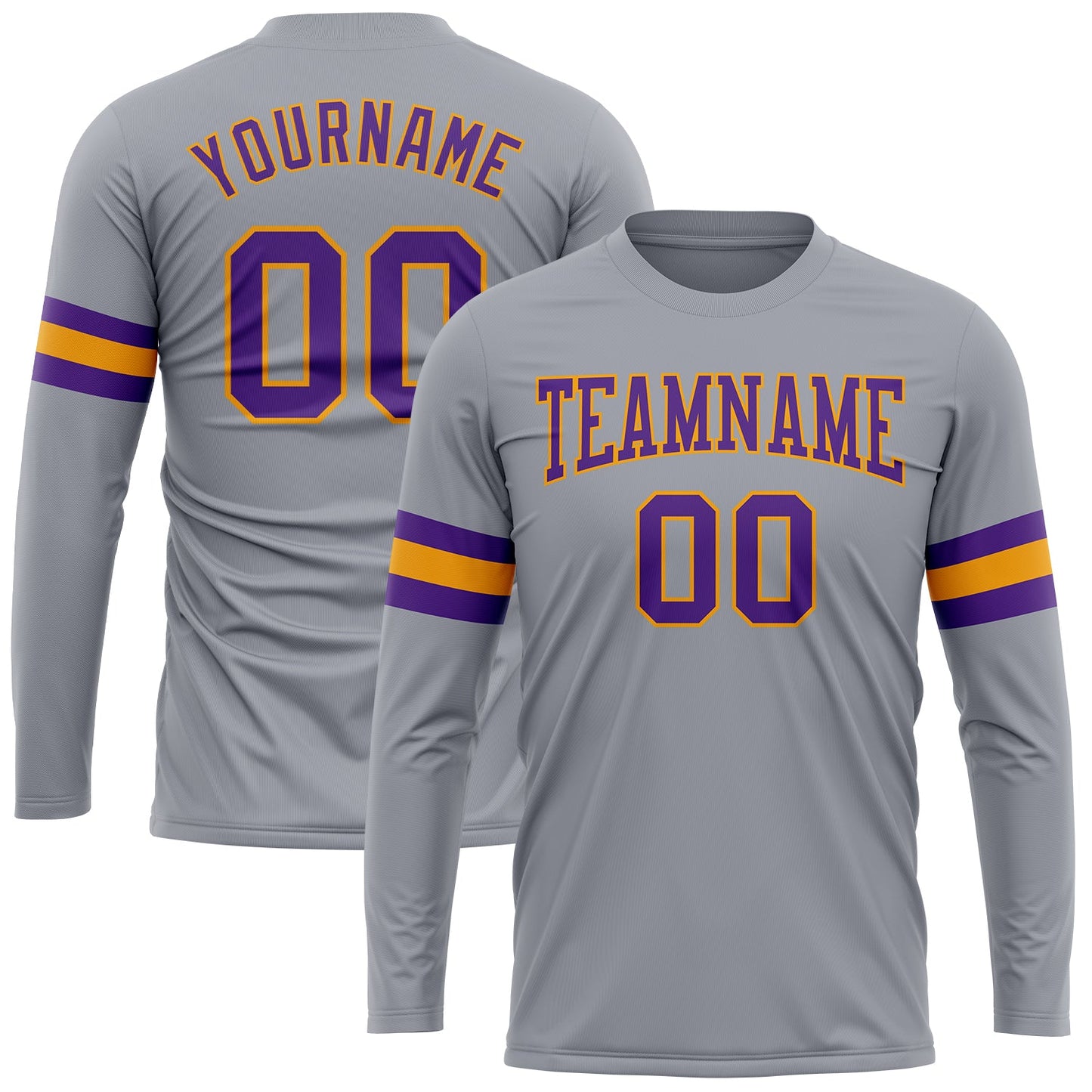 Custom Gray Purple-Gold Long Sleeve Performance T-Shirt - Main View
