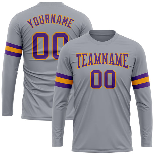 Custom Gray Purple-Gold Long Sleeve Performance T-Shirt - Main View