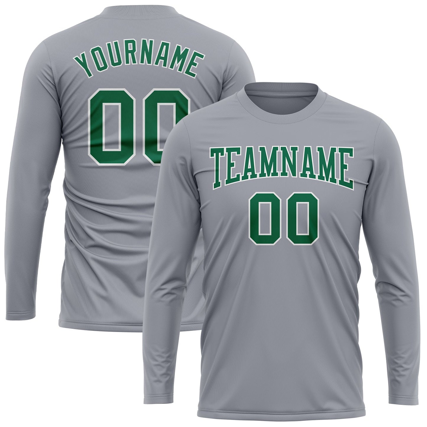 Custom Gray Kelly Green-White Long Sleeve Performance T-Shirt view 2
