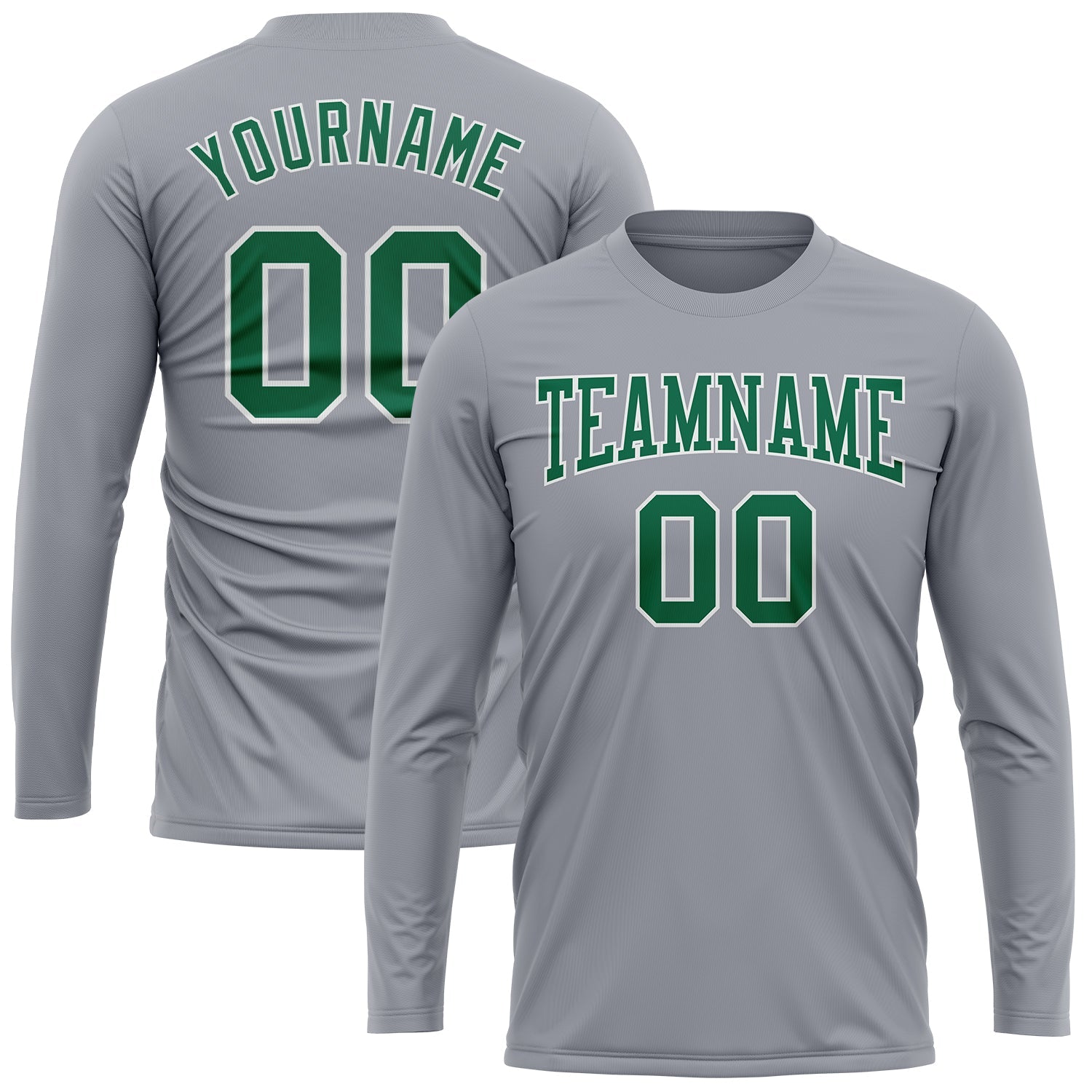 Custom Gray Kelly Green-White Long Sleeve Performance T-Shirt view 2