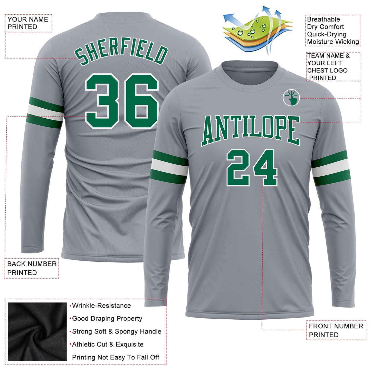 Custom Gray Kelly Green-White Long Sleeve Performance T-Shirt view 3