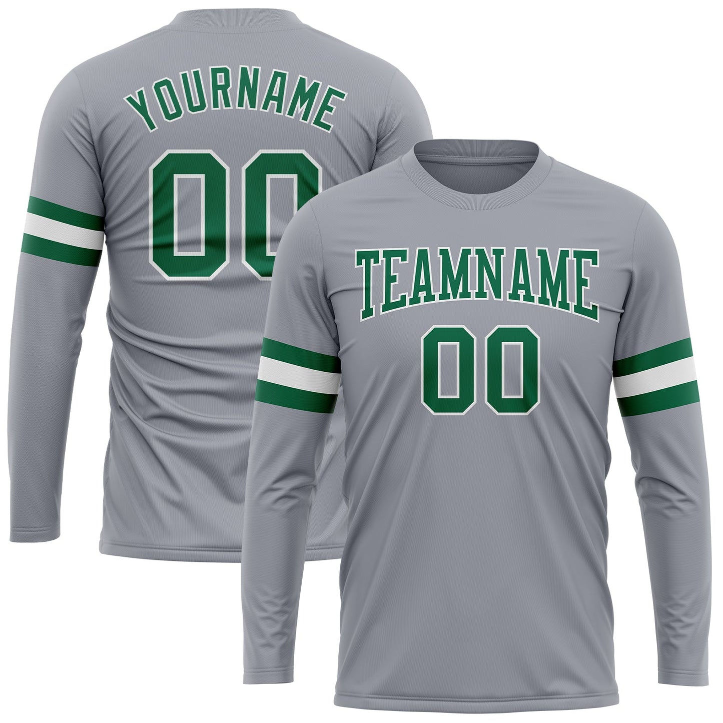 Custom Gray Kelly Green-White Long Sleeve Performance T-Shirt - Main View