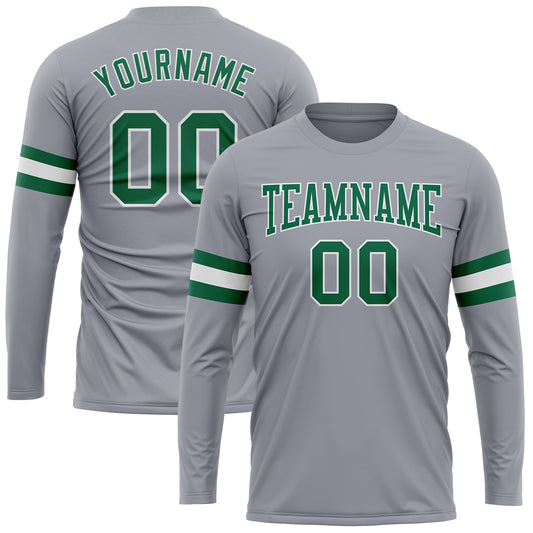Custom Gray Kelly Green-White Long Sleeve Performance T-Shirt - Main View