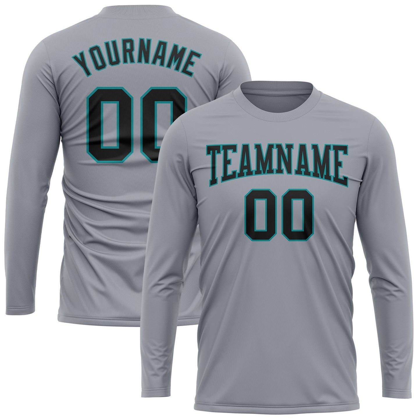 Custom Gray Black-Aqua Long Sleeve Performance T-Shirt view 2