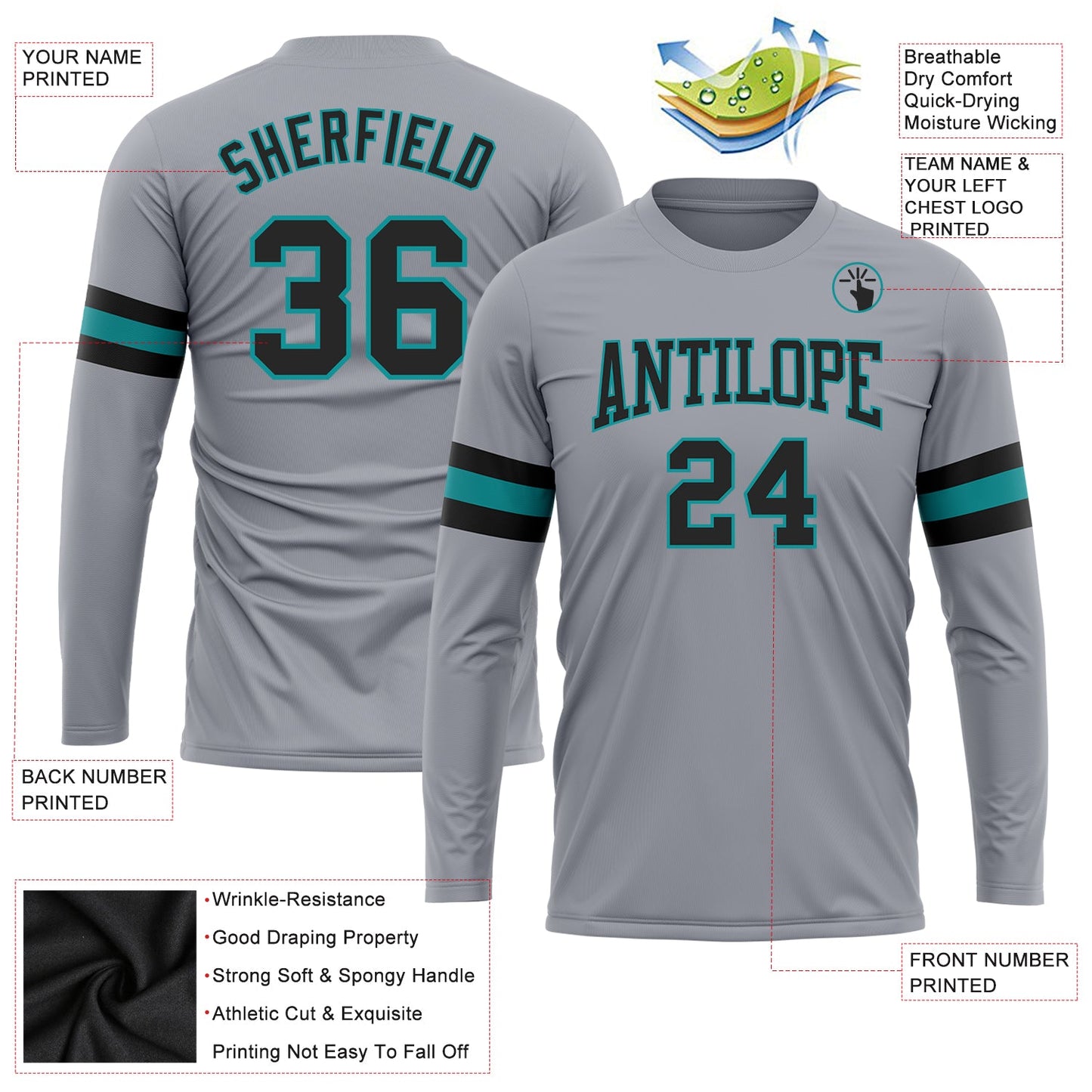Custom Gray Black-Aqua Long Sleeve Performance T-Shirt view 3