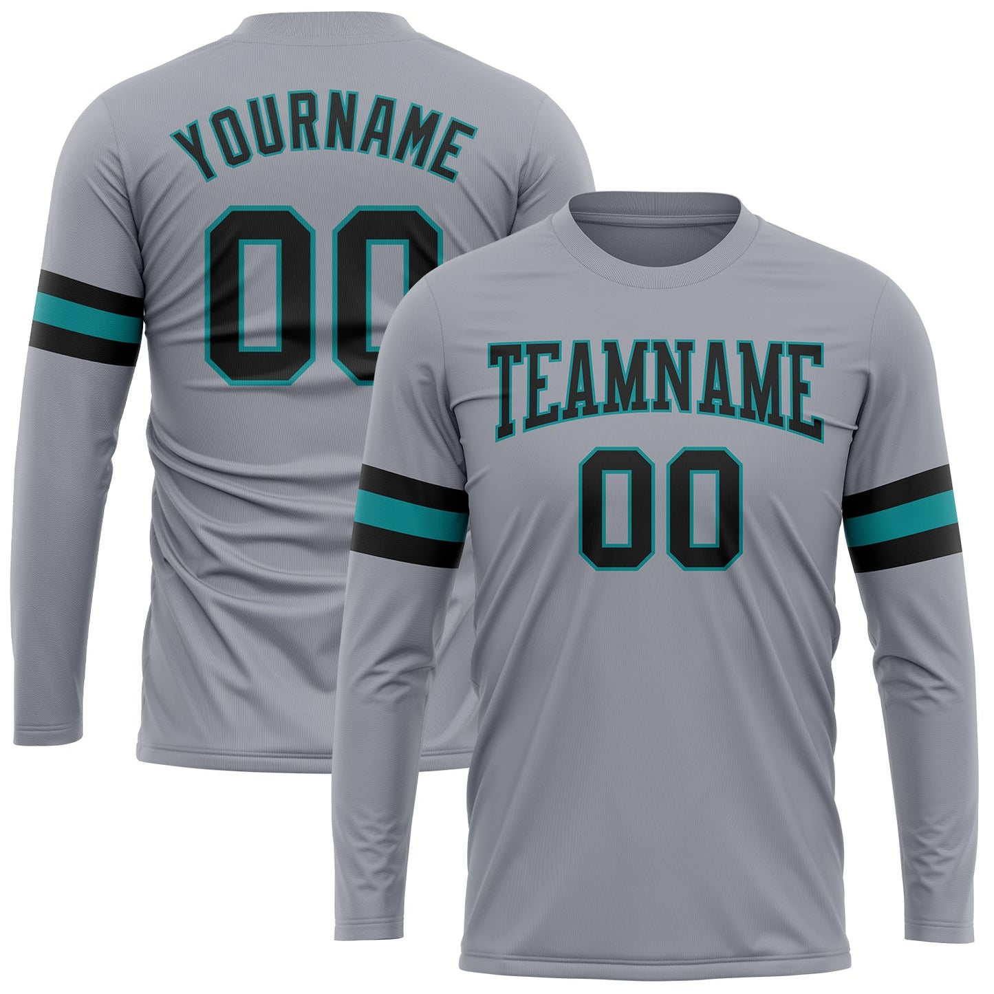 Custom Gray Black-Aqua Long Sleeve Performance T-Shirt - Main View